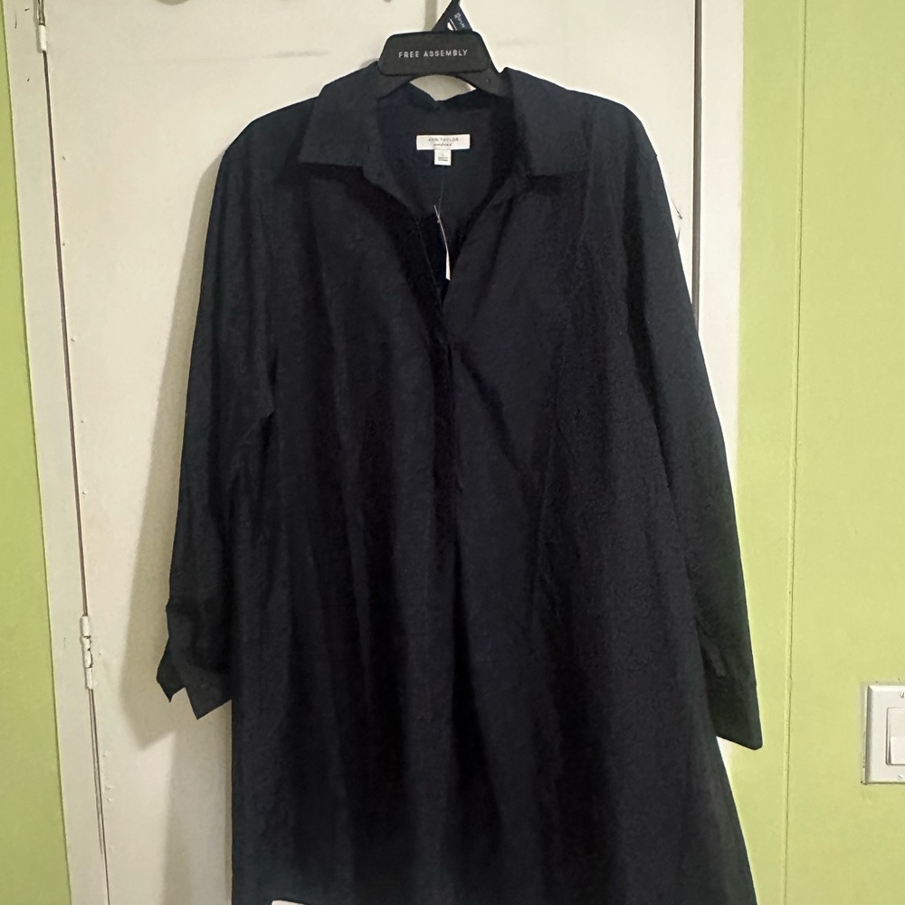 Ann Taylor Black Long-Sleeve Button-Down Shirt Dress